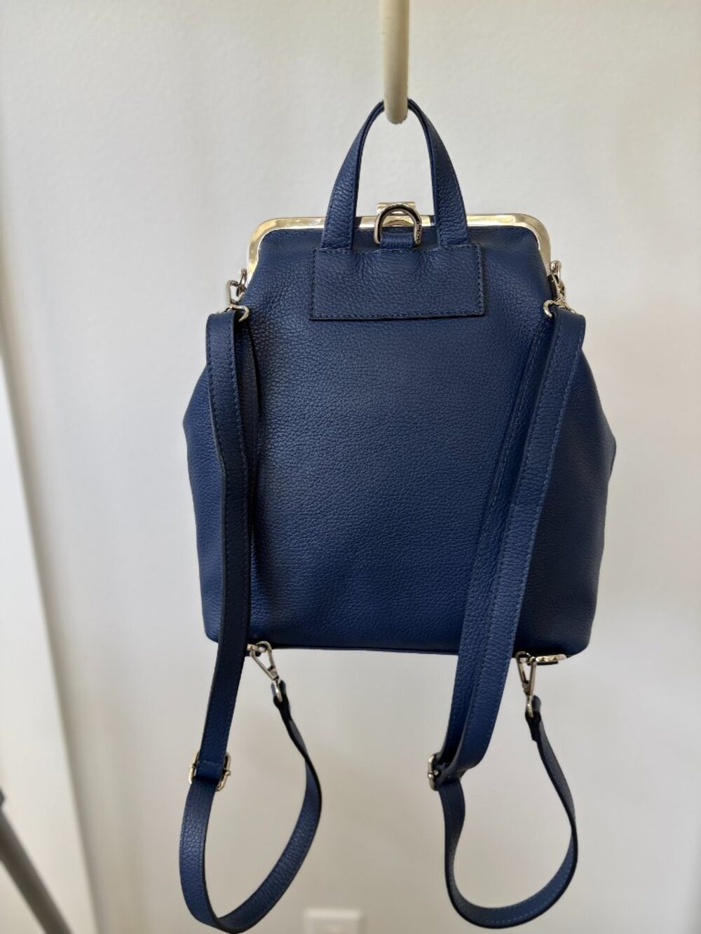 Pierre Cardin Blue Leather Backpack, Shoulder Bag, Silver Hardware - Picture 3 of 11